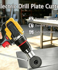 Electric drill with Heavy Duty Sheet Metal Cutter Nibbler Drill Attachment For Steel Aluminum Iron cutting a metal plate.