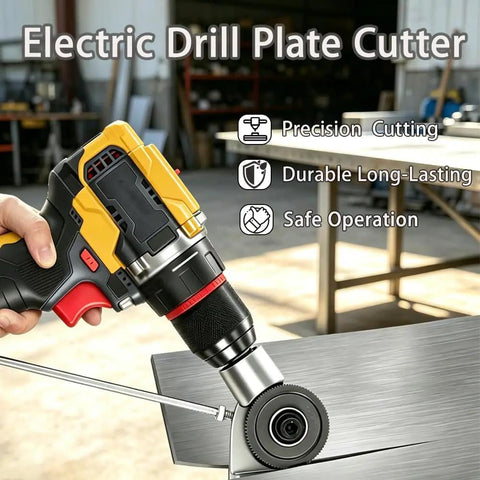 Electric drill with Heavy Duty Sheet Metal Cutter Nibbler Drill Attachment For Steel Aluminum Iron cutting a metal plate.