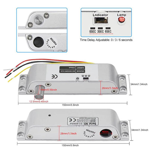 12V DC Fail Safe Drop Bolt Door Lock For Access Control Systems With Time Delay 0S 3S 6S Surface Mounted Electronic Lock
