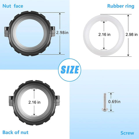 Fuoequl 2-inch hot tub split nut front view with white gasket in black housing
2-inch rubber ring for hot tub split nut, white color
Fuoequl 2-inch hot tub split nut back view showing bore
Hot tub fitting screw for 2-inch split nut, 0.69 inch length