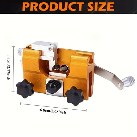 Portable Hand Crank Chainsaw Sharpening Tool With Five Titanium Diamond Bits For Quick Sharpening Revives Dull Chains In Seconds Compatible With Hand Crank Or Electric Drill Durable Sharpening Fixture, shown with product dimensions.