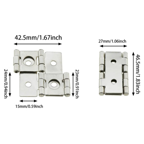 Heavy Duty Four Pack Double Acting Screen Hinges Featuring Smooth Three Sixty Degree Rotation Rust Resistant Nickel Finished Iron Frame With Included Mounting Hardware For Furniture Repair And Diy Upgrades Zero Hassle Install, showing dimensions and hinge details.