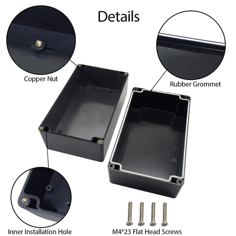 Detailed view of IP65 Waterproof ABS Plastic Junction Box For Electronics Projects showing copper nut, rubber grommet, and screws.