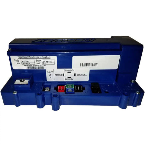 Weekend Warrior Grade Ezgo Golf Cart Controller Designed For Series Motors With 36v Or 48v Wiring Featuring 500 Amp Capacity, blue unit side view.