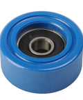 Top Shelf Blue Polyurethane Roller Idler Pulley Wheel Loaded With Tough 608RS Ball Bearings For Silky Smooth Sliding Doors And Heavy Duty Furniture Hardware Two Pack - close up view.