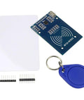Mifare RC522 RFID Kit With Card Sensor Module Plus S50 Blank Cards And Key Ring For Arduino And Raspberry Pi Easy To Use Low Cost RFID Reader Bundle For Do It Yourself Projects, showing RFID module, blue key ring, and card.