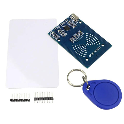 Mifare RC522 RFID Kit With Card Sensor Module Plus S50 Blank Cards And Key Ring For Arduino And Raspberry Pi Easy To Use Low Cost RFID Reader Bundle For Do It Yourself Projects, showing RFID module, blue key ring, and card.