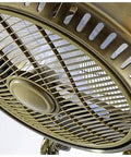 Solid Build Ceiling Fan With 8 Head Glass Lamps And Remote Control Hella Quiet Motor Slick Retro Design Easy Clean Abs Fan Blades viewed from below, gold metal finish, intricate blade design.