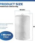 Tough As Nails Dust Collector Bag Kit with one 21 by 31 inch by 1 micron upper bag showing size dimensions and micron filter detail