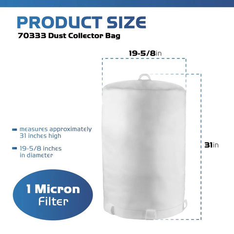 Tough As Nails Dust Collector Bag Kit with one 21 by 31 inch by 1 micron upper bag showing size dimensions and micron filter detail