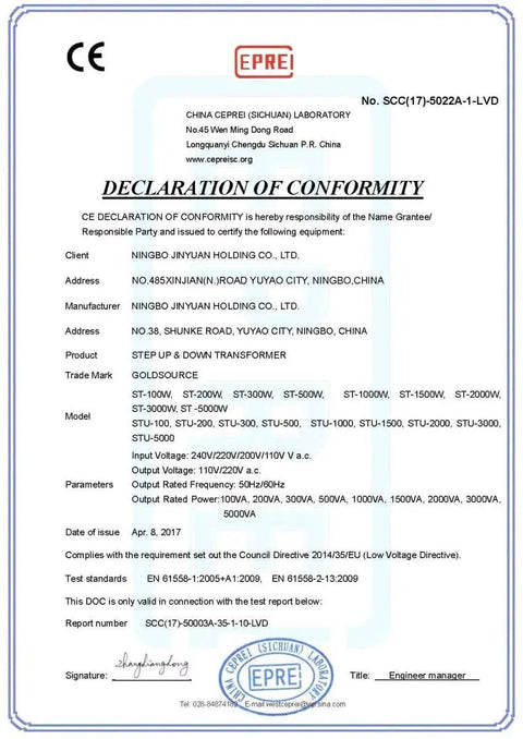CE Declaration of Conformity for Powerful 3000W Auto Step Up And Step Down Voltage Transformer Converter 110 220V