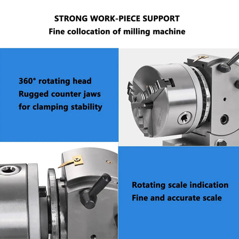 Hardcore Six Inch Three Jaw Chuck Rotary Indexer Platform For CNC Milling Machines Featuring Vertical Horizontal Mounting And Knockout Dead Center Accuracy FC30 Cast Iron Body showing 360° rotating head and rugged counter jaws.