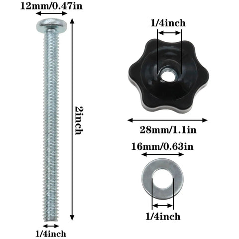 Eight Sets T Track Knob Kit With Galvanized Iron Screws One Quarter Twenty By Two Inches and One Quarter Inch Black Hex Nut