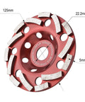 Front view of Diamond Grinding Cup Wheel 5 Inch For Angle Grinder Built For Polishing And Cleaning Concrete Granite Stone Marble Cement Masonry Rock This Tough Kickass Performance Delivers Fast Cut And Smooth Finish For Long Life, showing 125mm diameter and segmented design.
