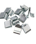 14 Piece Silver Adjustable Steel Shelf Clip Supports For Metal And Wood Shelves, galvanized steel clips in a pile, front view.