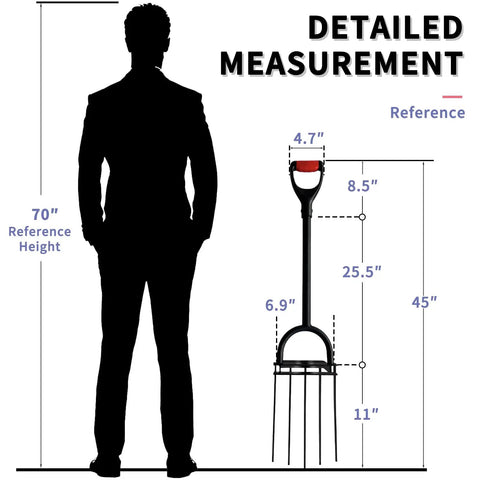 Heavy Duty Garden Fork With Five Diamond Point Tines, 45 Inch Long Hand Tiller dimensions next to human silhouette for scale