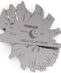 Close-up of Metal Weld Fillet Gage Set 7 Piece For Fillet Leg And Throat Size Check One Eighth To One Inch, stainless steel