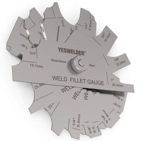 Close-up of Metal Weld Fillet Gage Set 7 Piece For Fillet Leg And Throat Size Check One Eighth To One Inch, stainless steel