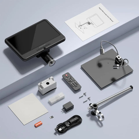 10.1 Inch LCD Digital Microscope For Soldering And Coin Inspection With 1080P Video And 12MP Photos, IPS Display, Wide Field Of View, Macro Magnification, Easy USB HD Output, Dope Tool For Electronics Tinkerers. Black 10.1-inch LCD microscope with stand and accessories