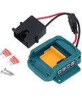 18V Battery Adapter Kit With Wire Harness And Connector Holder For BL1850 And BL1860 Batteries Boost Power For Kids Ride On Toys And Electric Vehicles Safe 40A Transient Current Protection Black Connector showing components including teal holder, black connector, red fuses, and screws