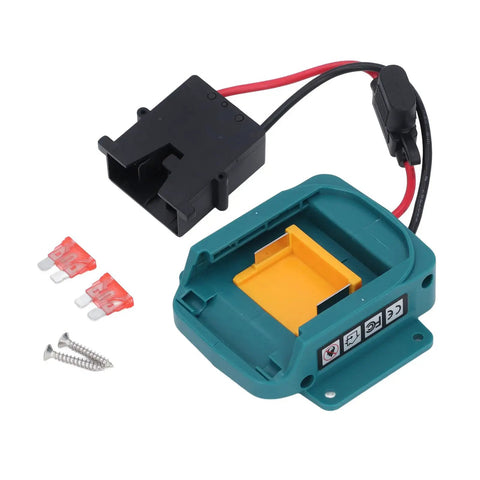 18V Battery Adapter Kit With Wire Harness And Connector Holder For BL1850 And BL1860 Batteries Boost Power For Kids Ride On Toys And Electric Vehicles Safe 40A Transient Current Protection Black Connector showing components including teal holder, black connector, red fuses, and screws