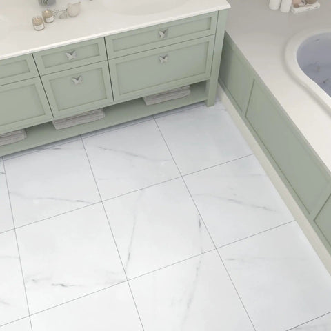 Bathroom with Marble White Peel And Stick Floor Tiles 12x12 In Self Adhesive Vinyl Waterproof Flooring For Kitchen Bathroom Bedroom Living Room 10 Tiles Per Box Easy Install No Grout Required.