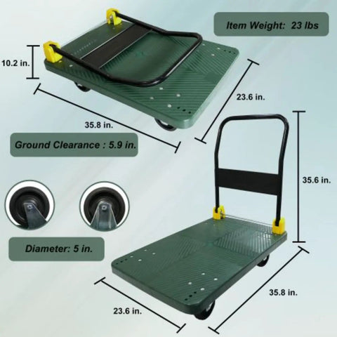 Tough As Nails Foldable Push Cart Dolly Handles 880 Pounds Without A Sweat Featuring dimensions and specifications for heavy-duty use.