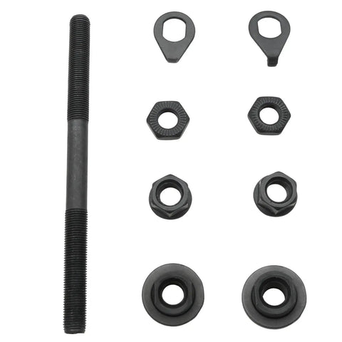 Front Bike Axle 140mm 3 Eighths Inch Black Hub Shaft Replacement Kit With Conical Lock Nut Washer 26 TPI components visible