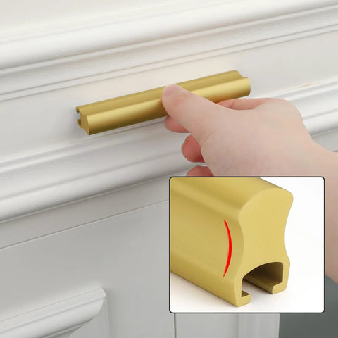 Six Pack Adjustable Matte Gold Drawer Pulls For Cabinets And Furniture shown in use on white drawer