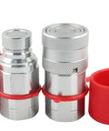 Side view of Blueagle 1/2 in NPT hydraulic quick-connect couplers with red protective caps.