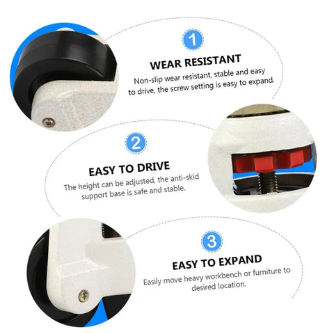 Hella Durable Workbench Leveling Wheels 4 Pack Heavy Duty Swivel Casters showing features like wear resistance and adjustable height.
