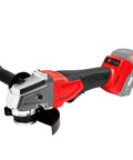 Cordless Angle Grinder Compatible With M18 18V Battery, side view showing brushless motor and black handle, red body, tool only.