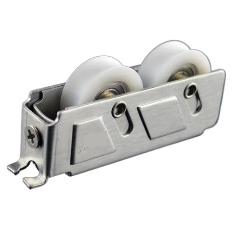 Ridiculously Smooth Stainless Steel Double Wheel Cabinet Rollers for Sliding Doors and Windows Heavy Duty Sliding Track Pulleys close-up view.