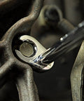 10 Piece 3/8 Inch Drive Flare Nut SAE Wrench Set Built Tough for Softer Nuts, Hex Head Design in use on a car part