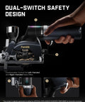 Close-up of Compact Mini Cordless Circular Saw With A 3 3/8 Inch Blade and Brushless Motor showcasing dual-switch safety design.
