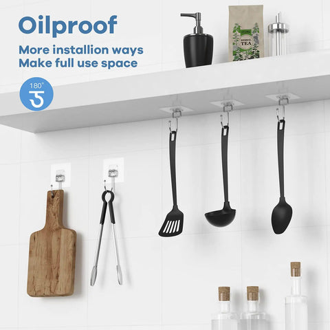 Heavy Duty Adhesive Wall Hooks 22Lb Max Hold Coat And Towel Hangers 20 Pack Transparent Sticky Wall Hangers Waterproof And Oilproof displayed in use holding kitchen utensils
