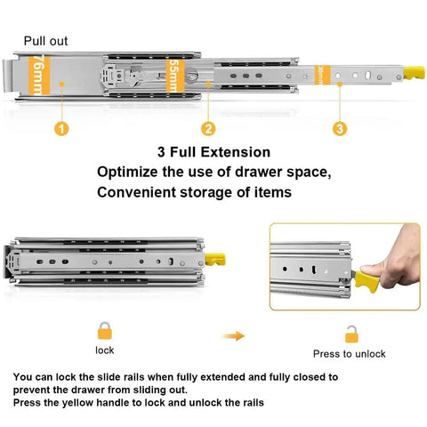 Beefy Heavy Duty Drawer Slides 500lb Capacity With 3 Fold Ball Bearing Rails Full Extension Side Mount 54 Inch Length shown