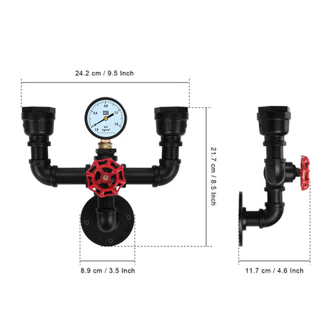 Retro Industrial Wall Lamp Sconce With Two Lights Vintage Water Pipe Design shown with dimensions and gauge detail.