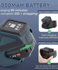 Heavy Duty Electric Strapping Machine Cordless Auto Welding Bander For Pallet Strapping No Sweat Battery Powered Strap Gun showing 4000mAh battery and charger.