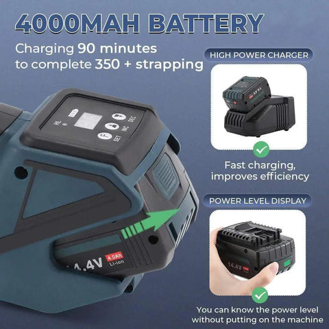 Automatic Electric Strapping Machine For Pallets Shipping, Battery Powered PP Pet Strap Sealer battery and charger view with power level display.