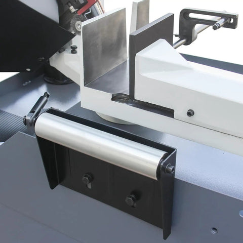 Close-up of Beefy Heavy Duty Metal Band Saw With 10 Inch By 7.9 Inch Cutting Capacity, 1.5 HP Motor, showing clamping mechanism.