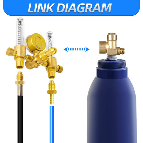 Front view of brass argon welding regulator flow meter with dual output and 6.5 ft hose