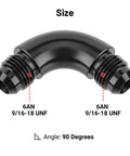 6AN to 6AN 90 Degree One Piece Full Flow Swivel Coupler Union Fitting Aluminum Adapter Pro Grade Beefy 1500 PSI 9/16-18 UNF Minus 40F to 250F 6061T6 Lightweight Durable black 90-degree AN6 male-to-male fitting