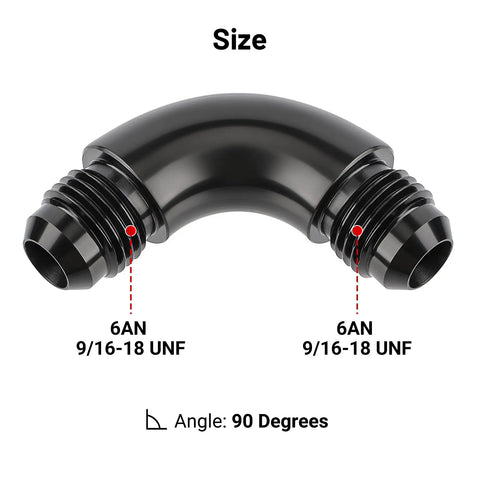 6AN to 6AN 90 Degree One Piece Full Flow Swivel Coupler Union Fitting Aluminum Adapter Pro Grade Beefy 1500 PSI 9/16-18 UNF Minus 40F to 250F 6061T6 Lightweight Durable black 90-degree AN6 male-to-male fitting
