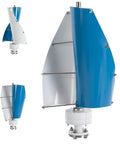 Close-up of Vertical Axis Wind Turbine Kit With Controller And 2 Aluminum Blades, 500W 12V Outdoor Wind Generator in blue and white