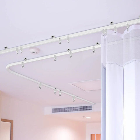 Bendable Ceiling Curtain Track System for Bay Windows and Room Dividers Flexible Curtain Rail Cut To Length White 9.8 Ft Easy DIY Install No Tools Required Ideal for Bunk Beds and Odd Shaped Windows ceiling mounted on a curved corner