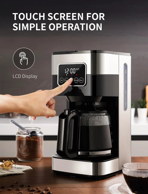 10 Cup Programmable Coffee Maker With Regular And Strong Brew Auto Shut Off Permanent Filter Easy LCD Touch Screen Great For Home Or Office Silver Finish displayed with finger pressing touch screen on kitchen counter.