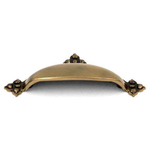 Spanish Gothic Cabinet Cup Pull In Dark Antique Copper Finish. Solid brass, 3 inch handle for kitchen drawer upgrade.