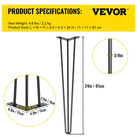 Beefy Heavy Duty Hairpin Table Legs 24 Inch Black Set Of 4 Carbon Steel With Three Rods For Desks Benches Tables And Chairs 880 Pounds Total Load Capacity DIY Furniture Support, 24in size