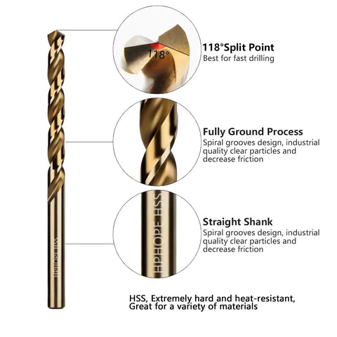 One Quarter Inch HSS Twist Drill Bits Set Ten Pieces Jobber Length Straight Round Shank with 118° Split Point